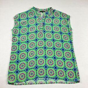 Lauren Gold Silk Sleeveless Blouse Vibrant Geometric Colorful Top V-Neck XS